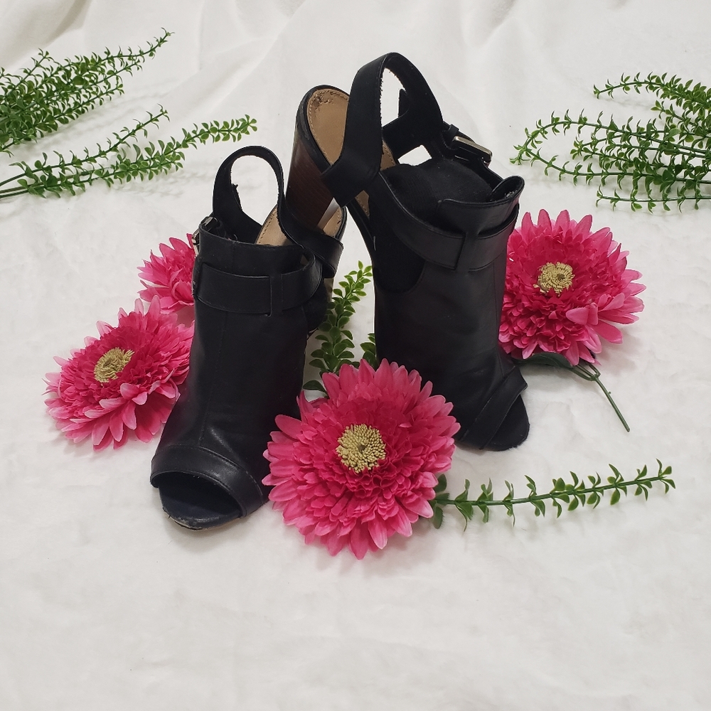 Black, open toe, leather casual heels